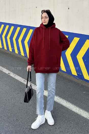 Lamelif Üç İplik Kanguru Cep Sweatshirt Bordo