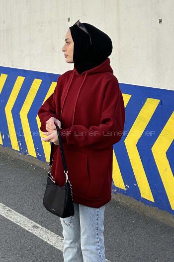 Lamelif Üç İplik Kanguru Cep Sweatshirt Bordo