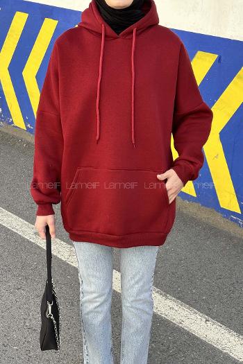 Lamelif Üç İplik Kanguru Cep Sweatshirt Bordo