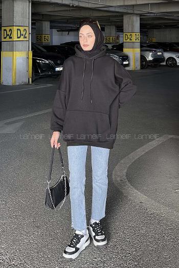 Lamelif Üç İplik Kanguru Cep Sweatshirt Siyah