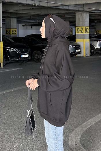 Lamelif Üç İplik Kanguru Cep Sweatshirt Siyah