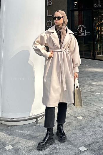 Beige V Neck Balloon Sleeve Arm Stamp Fabric Coat