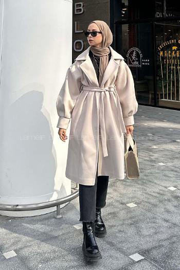 Beige V Neck Balloon Sleeve Arm Stamp Fabric Coat