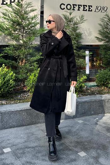 Black V Neck Long Arm Stamp Fabric Coat