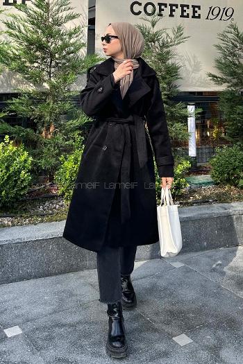 Black V Neck Long Arm Stamp Fabric Coat