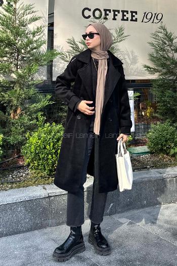 Black V Neck Long Arm Stamp Fabric Coat