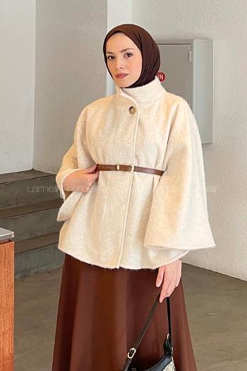 Cream Mandarin Collar Stamp Fabric Poncho