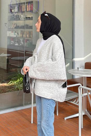 Gray Long Arm Stamp Fabric Kimono