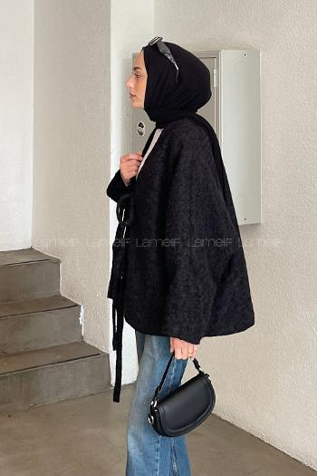 Black Long Arm Stamp Fabric Kimono