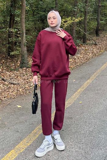 Lamelif Bisiklet Yaka Ribanalı İkili Eşofman Tesettür Takım Bordo