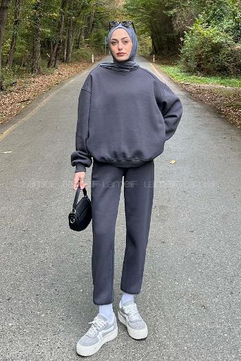 Lamelif Bisiklet Yaka Ribanalı İkili Eşofman Tesettür Takım Füme