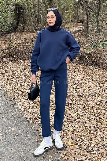 Lamelif Bisiklet Yaka Ribanalı İkili Eşofman Tesettür Takım Lacivert