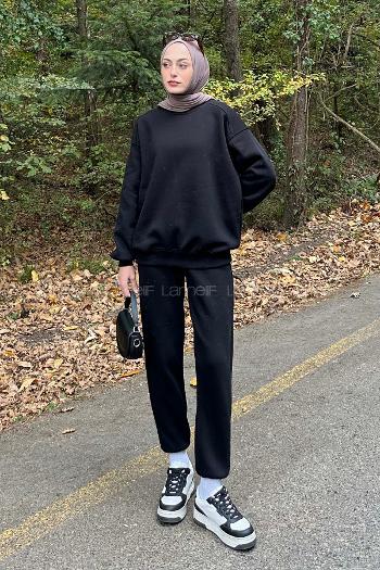 Black Medium Crew Neck Long Arm Cotton Elastic Trousers Comfortable Suit