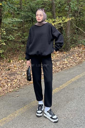 Black Medium Crew Neck Long Arm Cotton Elastic Trousers Comfortable Suit