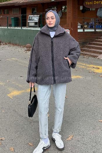 Lamelif Biye Detaylı Tedy Peluş Mont Füme