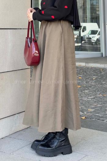 Lamelif Cep Detaylı Keten Kloş Etek Koyu Yeşil