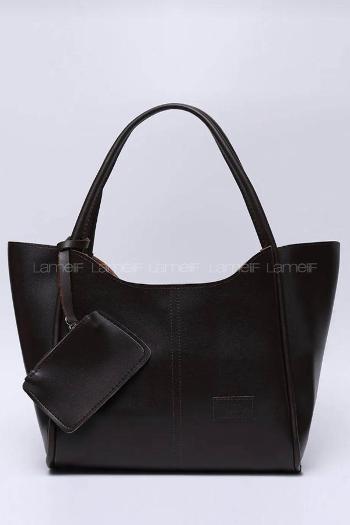 Lamelif Çıtçıtlı Suni Deri Cüzdanlı Kadın El ve Omuz Çantası Acı Kahve