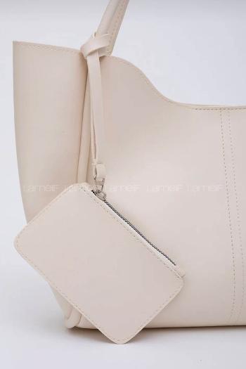 Lamelif Çıtçıtlı Suni Deri Cüzdanlı Kadın El ve Omuz Çantası Krem