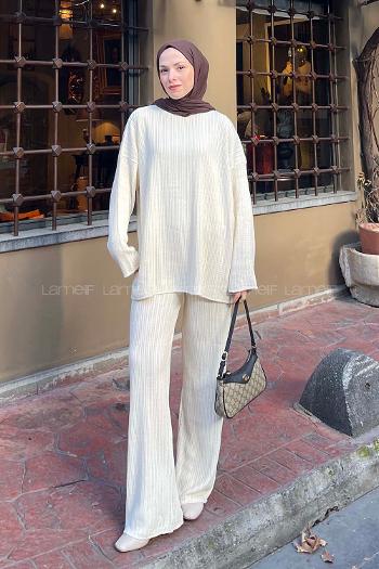 Lamelif Saç Örgülü Triko Tesettür Takım Ekru