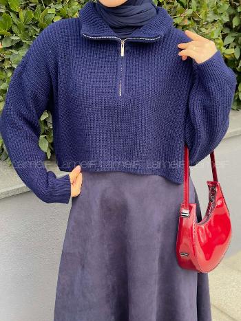 Lamelif Yaka Fermuarlı Crop Triko Kazak Lacivet