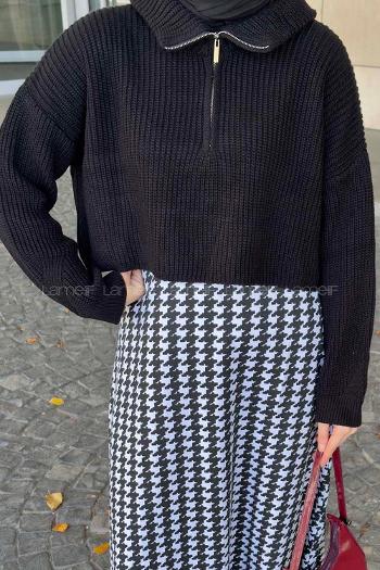 Lamelif Yaka Fermuarlı Crop Triko Kazak Siyah