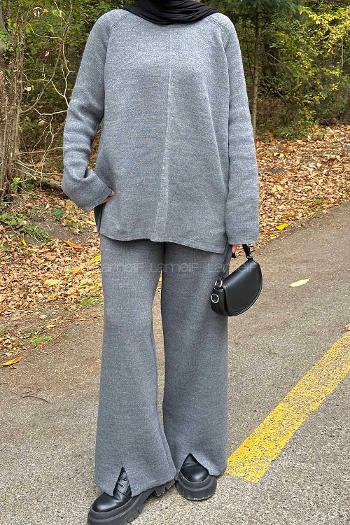 Lamelif Basic Pantolon Önü Yırtmaçlı Triko Tesettür Takım Gri
