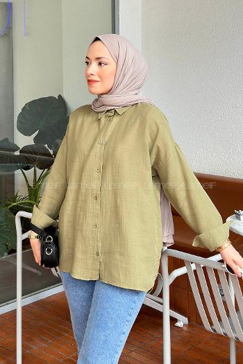 Lamelif Düz Keten Gömlek  Haki