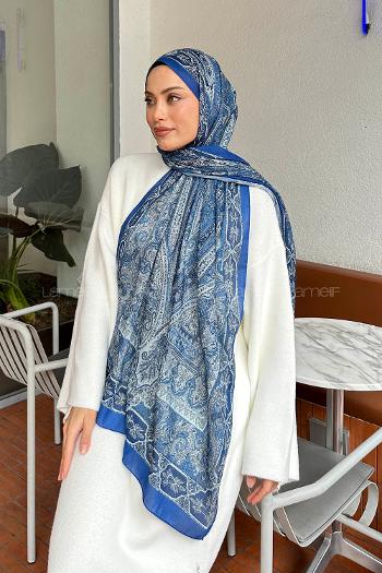 Lamelif Retro Desen Pamuk Şal İndigo