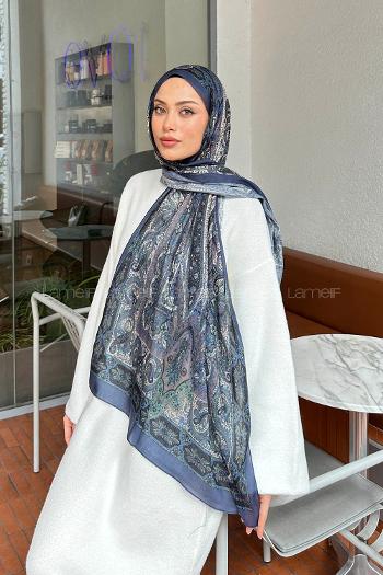 Lamelif Retro Desen Pamuk Şal Parlement Mavi