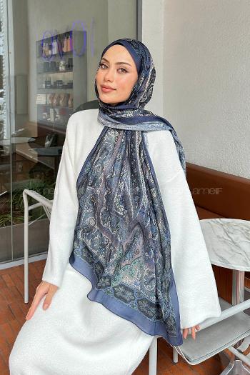 Lamelif Retro Desen Pamuk Şal Parlement Mavi