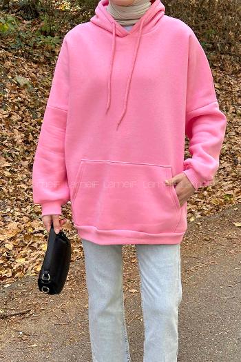 Lamelif Üç İplik Kanguru Cep Sweatshirt Pembe