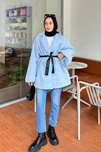 Lamelif Deri Kuşaklı Kaşe Kaban Bebe Mavisi