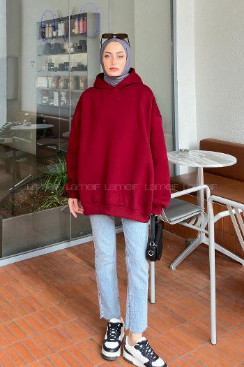 Lamelif Kapüşonlu Salaş Sweatshirt Bordo