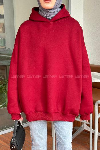 Lamelif Kapüşonlu Salaş Sweatshirt Bordo