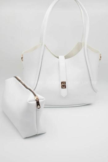 Lamelif Kilit Detaylı Kanguru El Ve Omuz Çantası Yavru Çantalı Kadın Beyaz