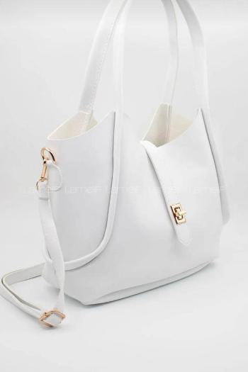 Lamelif Kilit Detaylı Kanguru El Ve Omuz Çantası Yavru Çantalı Kadın Beyaz