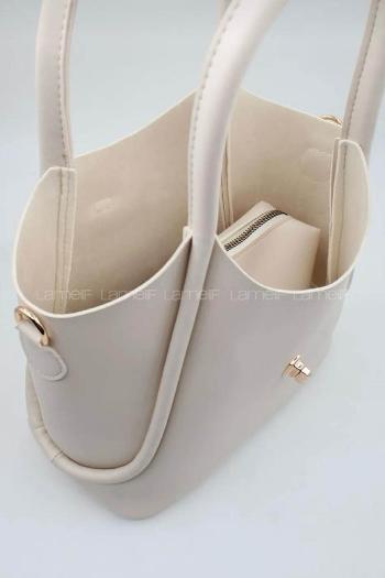 Lamelif Kilit Detaylı Kanguru El Ve Omuz Çantası Yavru Çantalı Kadın Krem