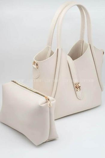 Lamelif Kilit Detaylı Kanguru El Ve Omuz Çantası Yavru Çantalı Kadın Krem