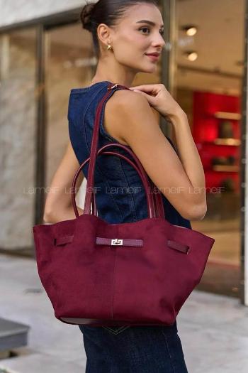 Lamelif Süet Kadın Büzgü Detay Klipsli Süet El Ve Omuz Çantası Bordo