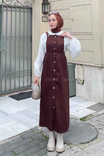 Lamelif Önü Boydan Düğmeli Salopet Acı Kahve