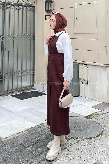 Lamelif Önü Boydan Düğmeli Salopet Acı Kahve