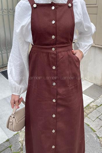 Lamelif Önü Boydan Düğmeli Salopet Acı Kahve