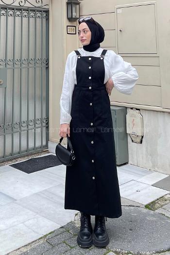 Lamelif Önü Boydan Düğmeli Salopet Siyah