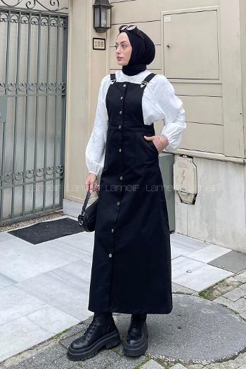 Lamelif Önü Boydan Düğmeli Salopet Siyah