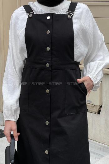 Lamelif Önü Boydan Düğmeli Salopet Siyah