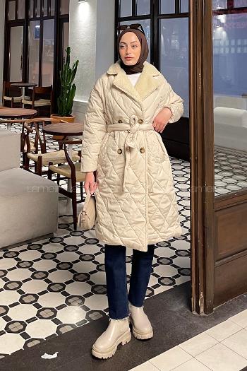 Lamelif Yakası Suni Kürklü Bel Kuşaklı Mont Taş