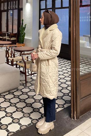 Lamelif Yakası Suni Kürklü Bel Kuşaklı Mont Taş