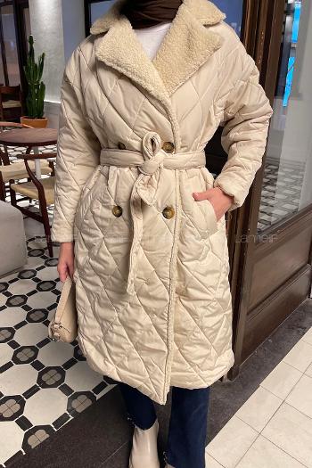 Lamelif Yakası Suni Kürklü Bel Kuşaklı Mont Taş