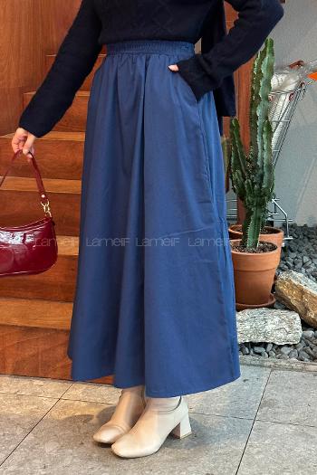 Lamelif Cep Detaylı Kloş Keten Etek Koyu Mavi