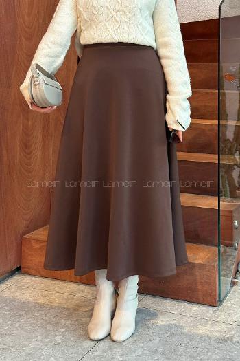Lamelif Scuba Kumaş Kloş Etek Kahverengi